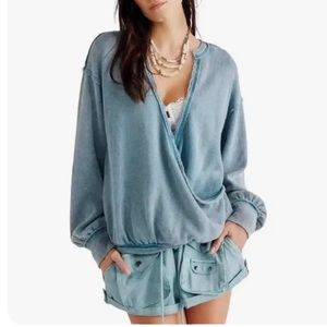 We the Free People sweater blue knit Plunge Neck Long Sleeve wrap knit
